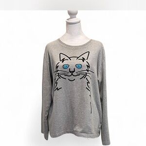 Chic Gray Cat Graphic Long Sleeve Top